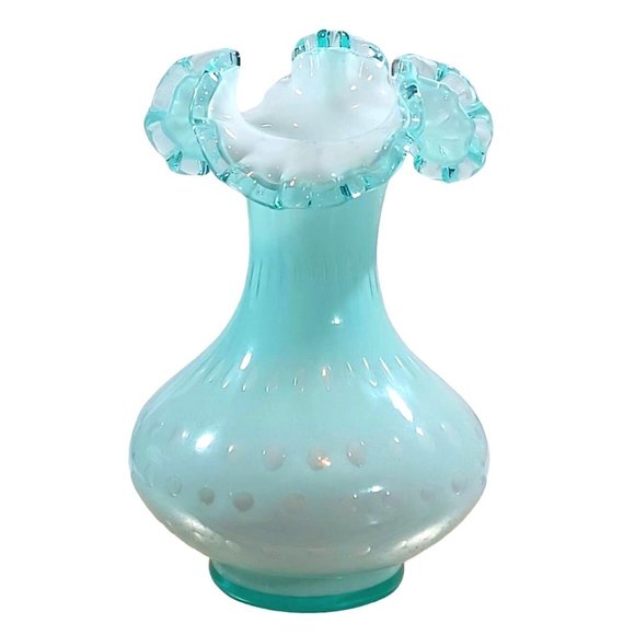 FENTON AQUA POWDER BLUE BUBBLE OPTIC FLUTED TOP CRESTED OVERLAY VASE RUFFLED - Picture 2 of 11